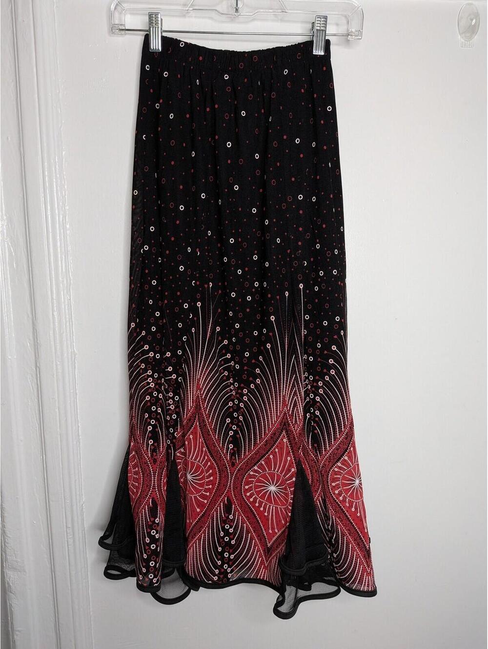 Boho Geometric Skirt S/M Black Red Chiffon Ruffle Layered Midi Flare Goth Fairy - Picture 5 of 6